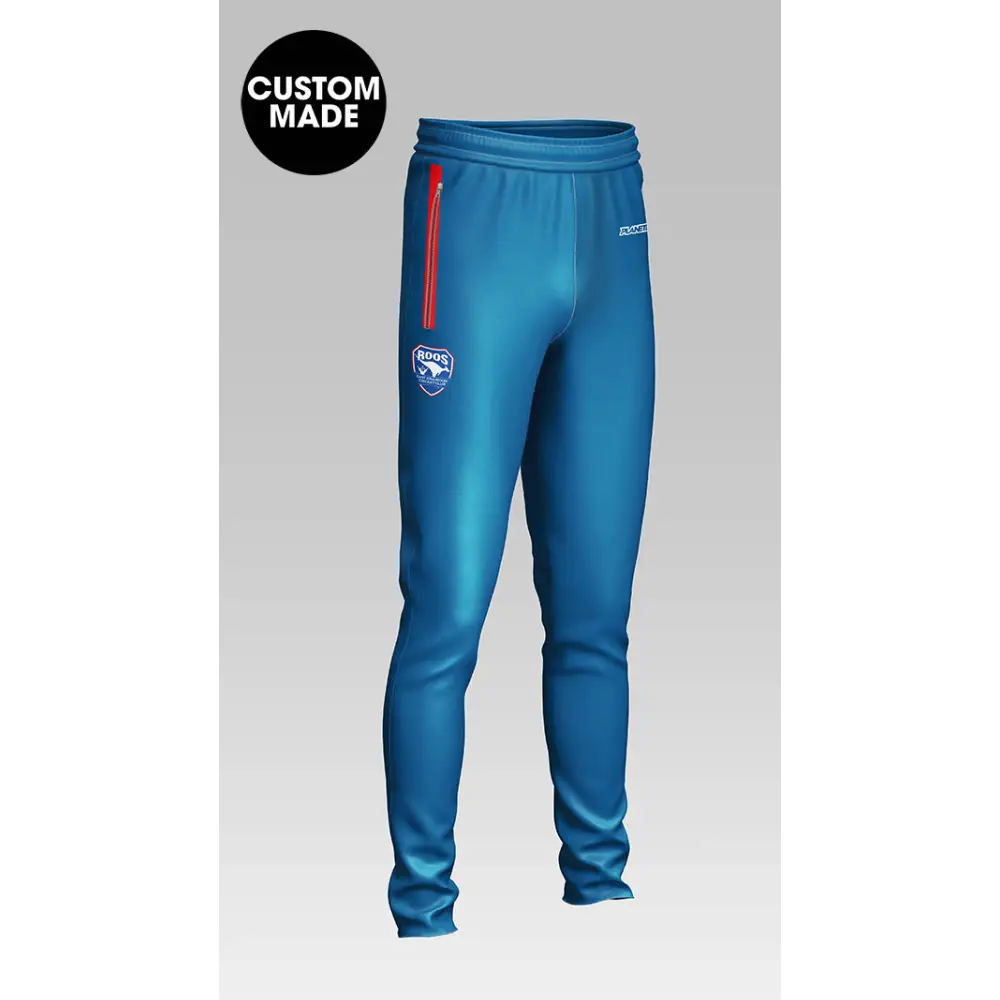 Blue custom-made athletic pants.