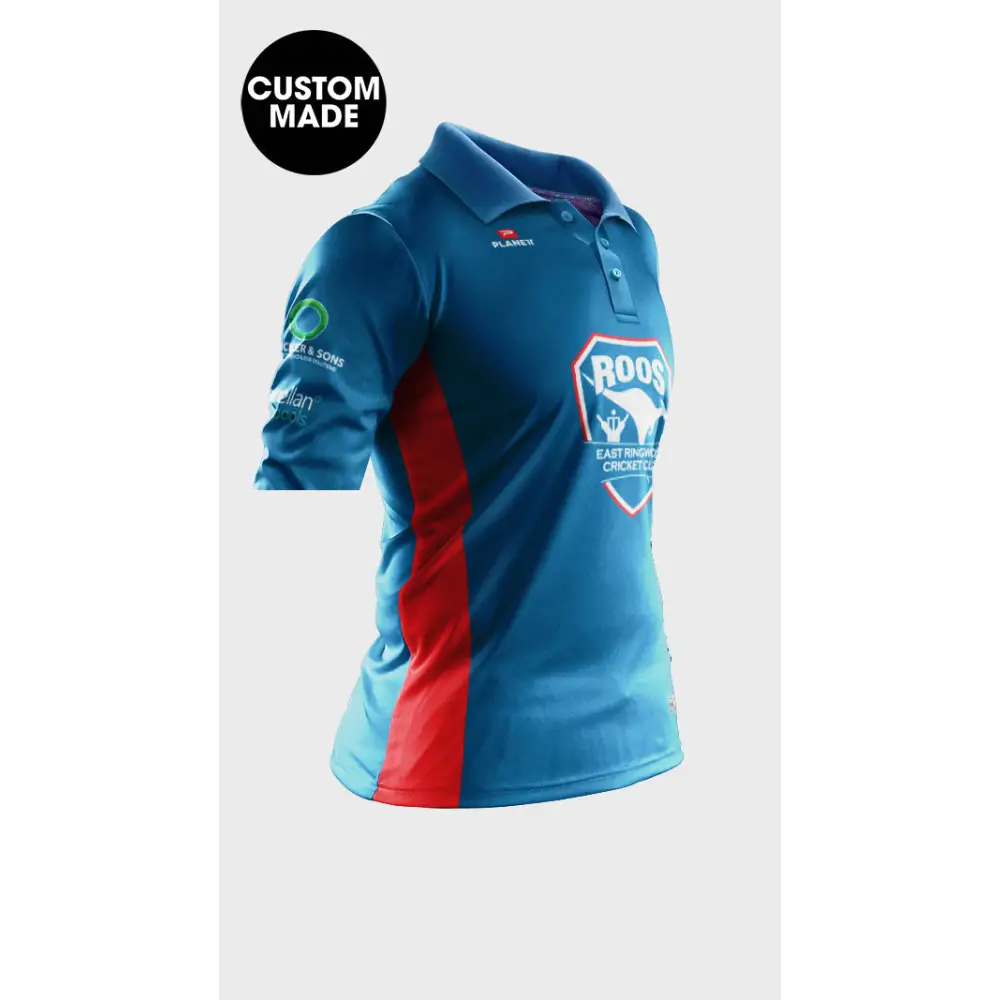 Blue and red cricket shirt.