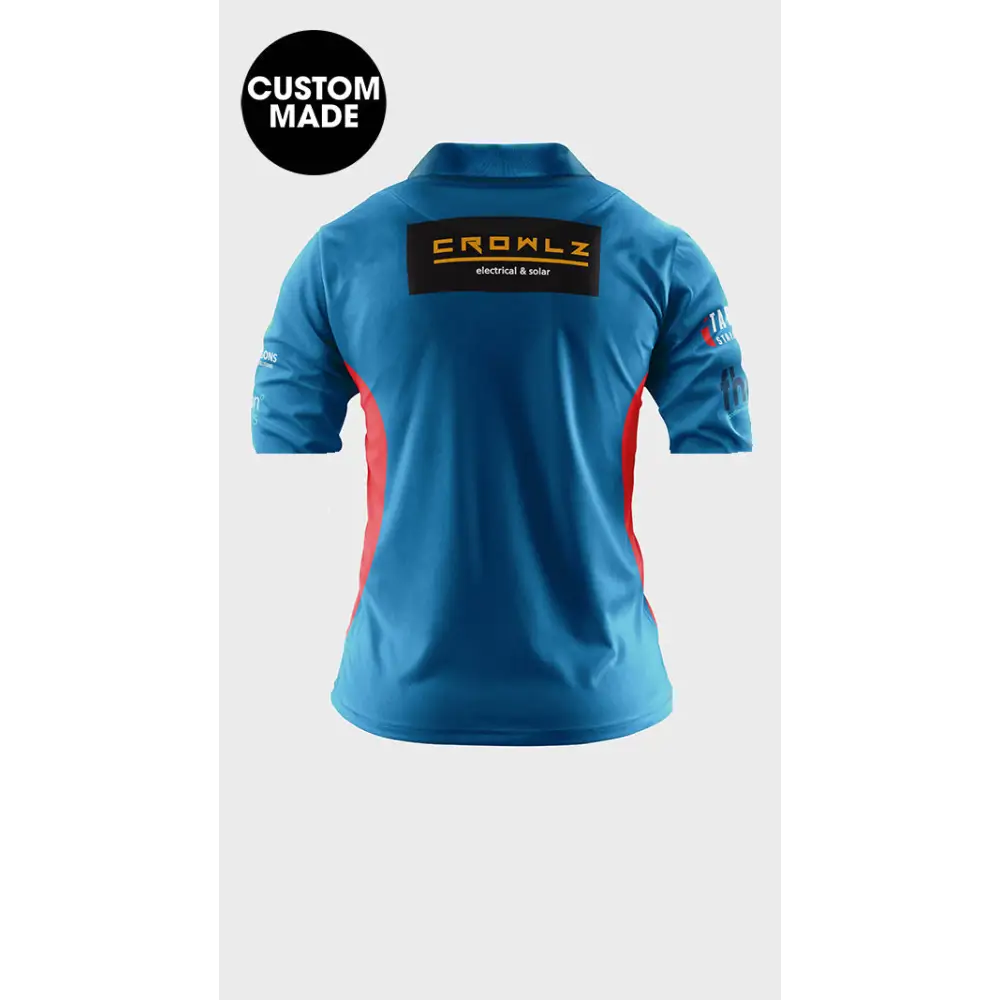 Blue and red custom-made polo shirt.