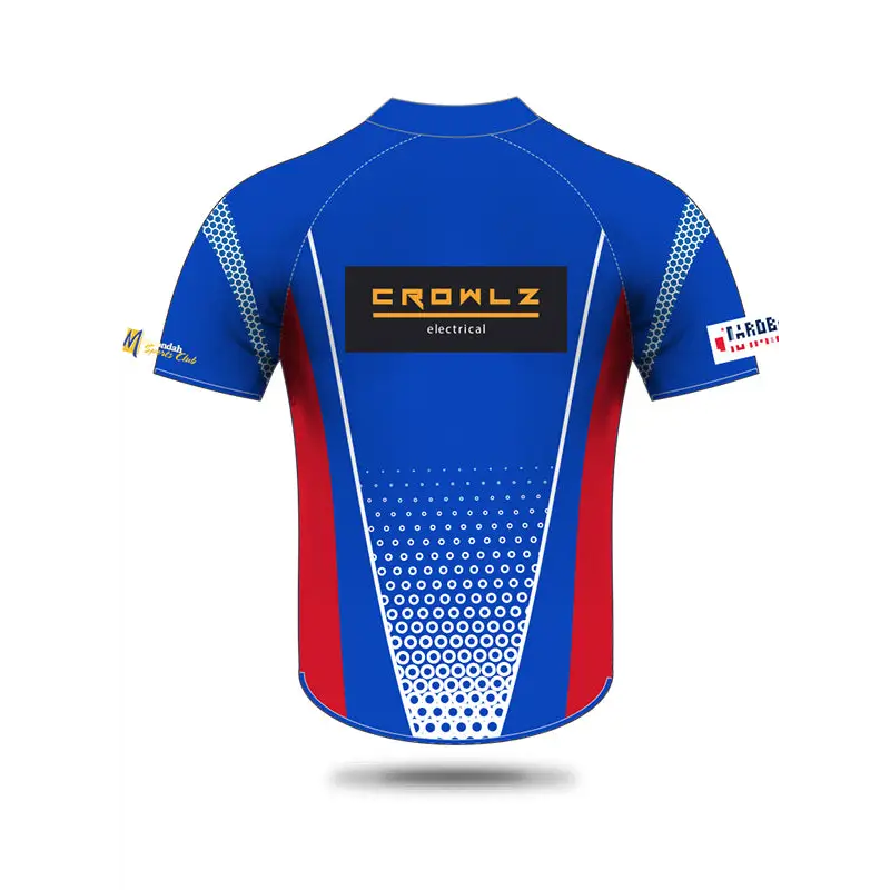 Blue, red, and white athletic shirt.