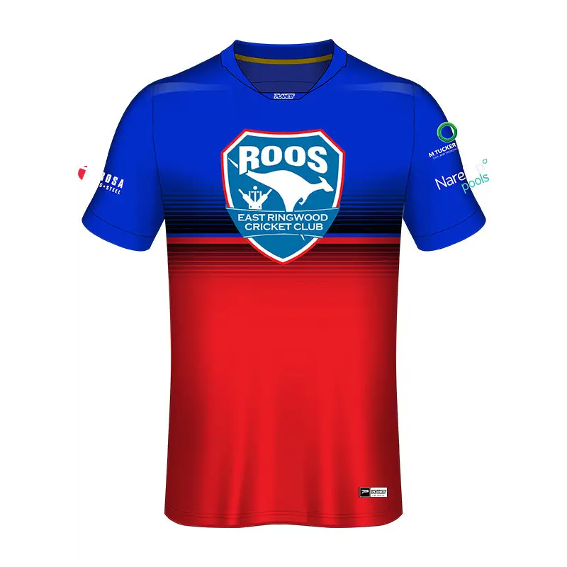 Blue and red cricket jersey.