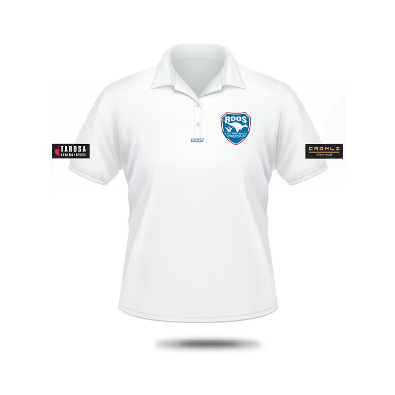 White polo shirt with logos.