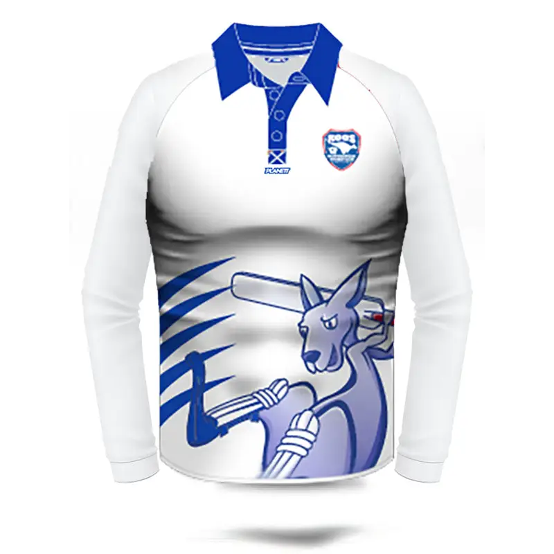 Long-sleeved cricket shirt.