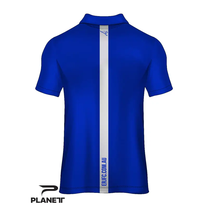 Blue polo shirt with white stripe.