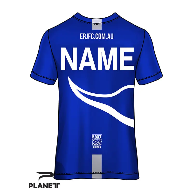 Blue sports jersey with white accents.