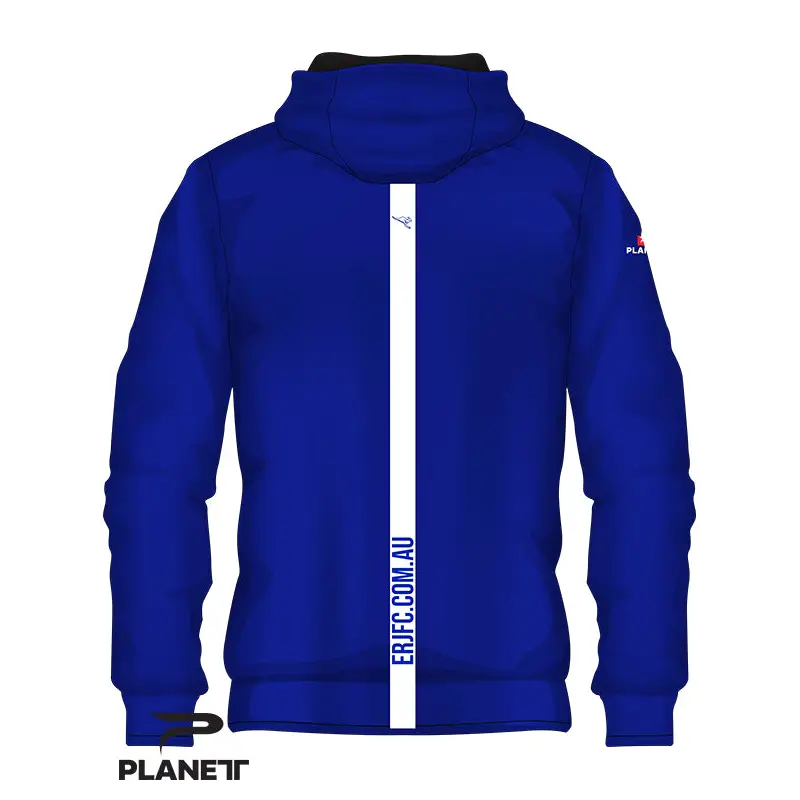 Blue hooded sweatshirt.