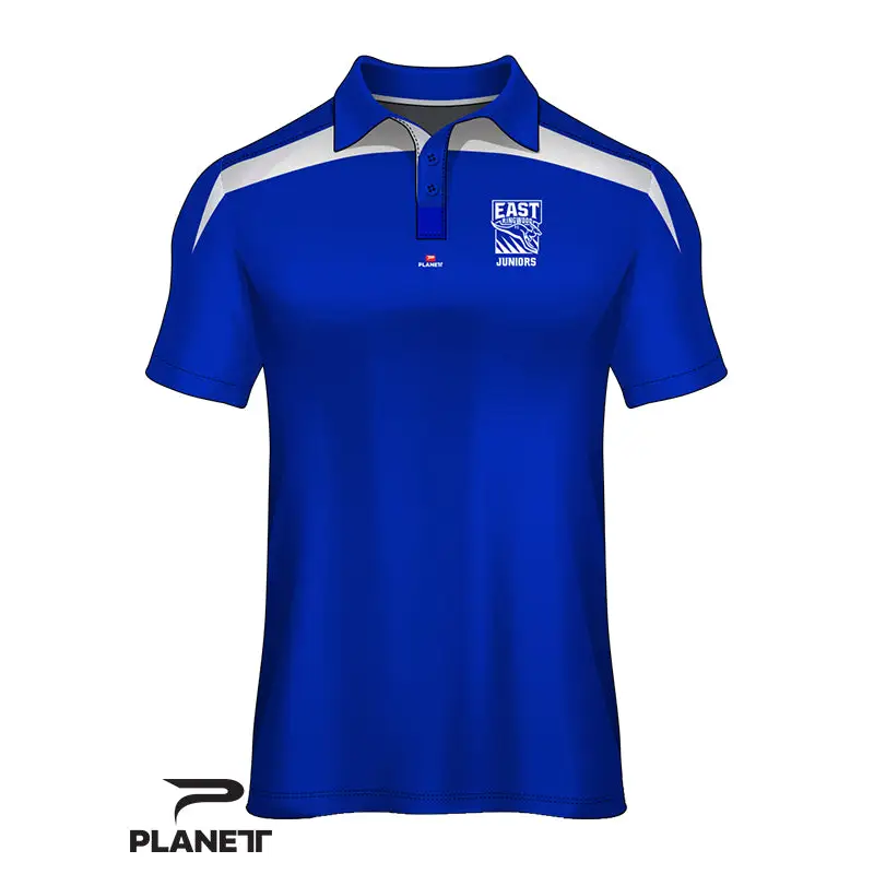 Blue and white polo shirt.