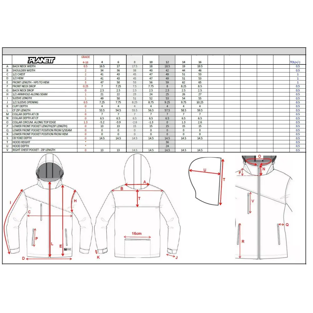Clothing size chart with jacket diagrams.