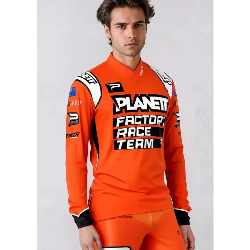 Orange racing jersey and pants.