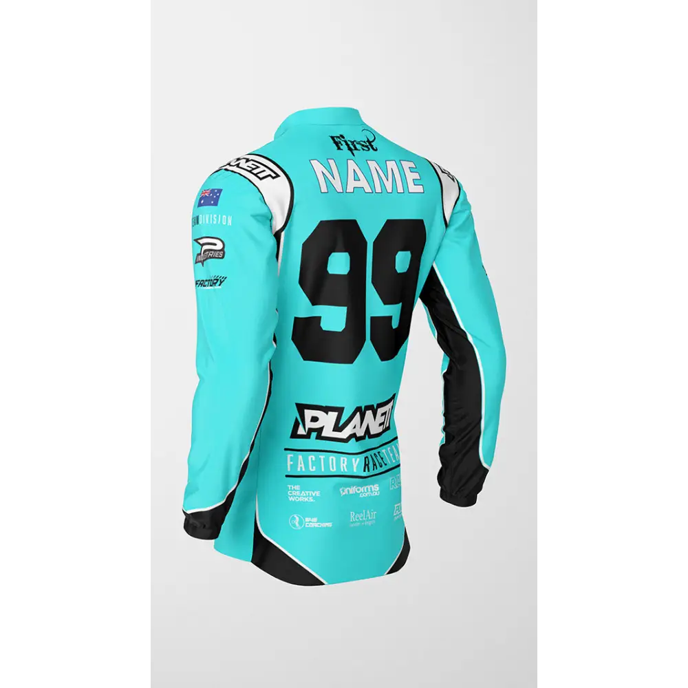 Aqua and black racing jersey.