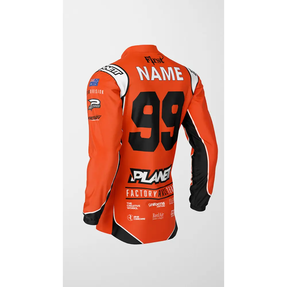 Orange and black racing jersey.
