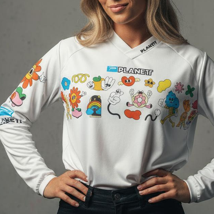 A woman wearing a white long-sleeved shirt with colorful cartoon-like characters.