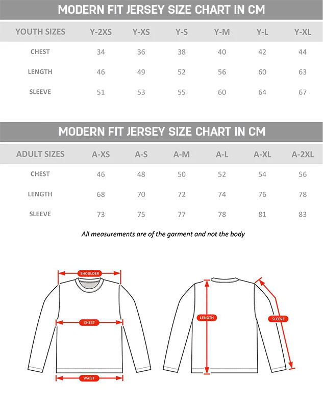 A size chart for modern fit jerseys.