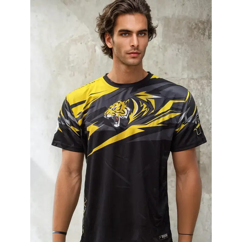 Black and yellow tiger graphic t-shirt.