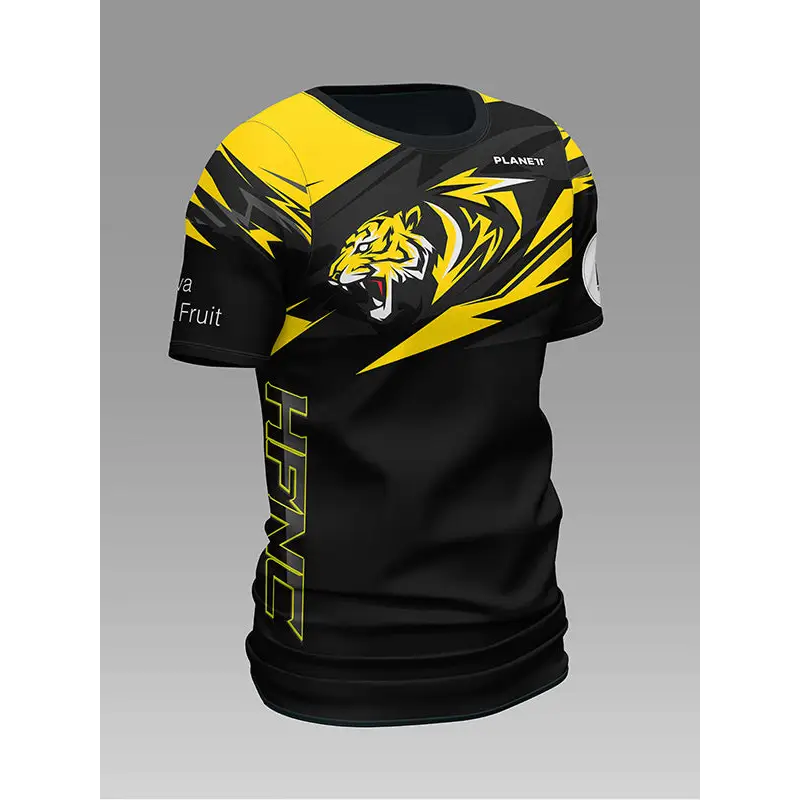Black and yellow tiger-themed t-shirt.