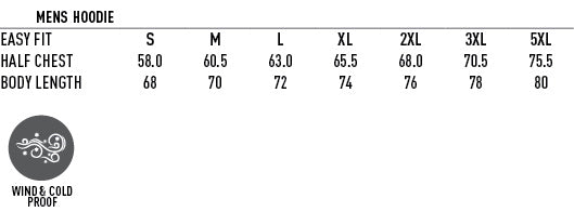A size chart for a men’s hoodie, including half chest and body length measurements, and indicating it is wind and cold proof.