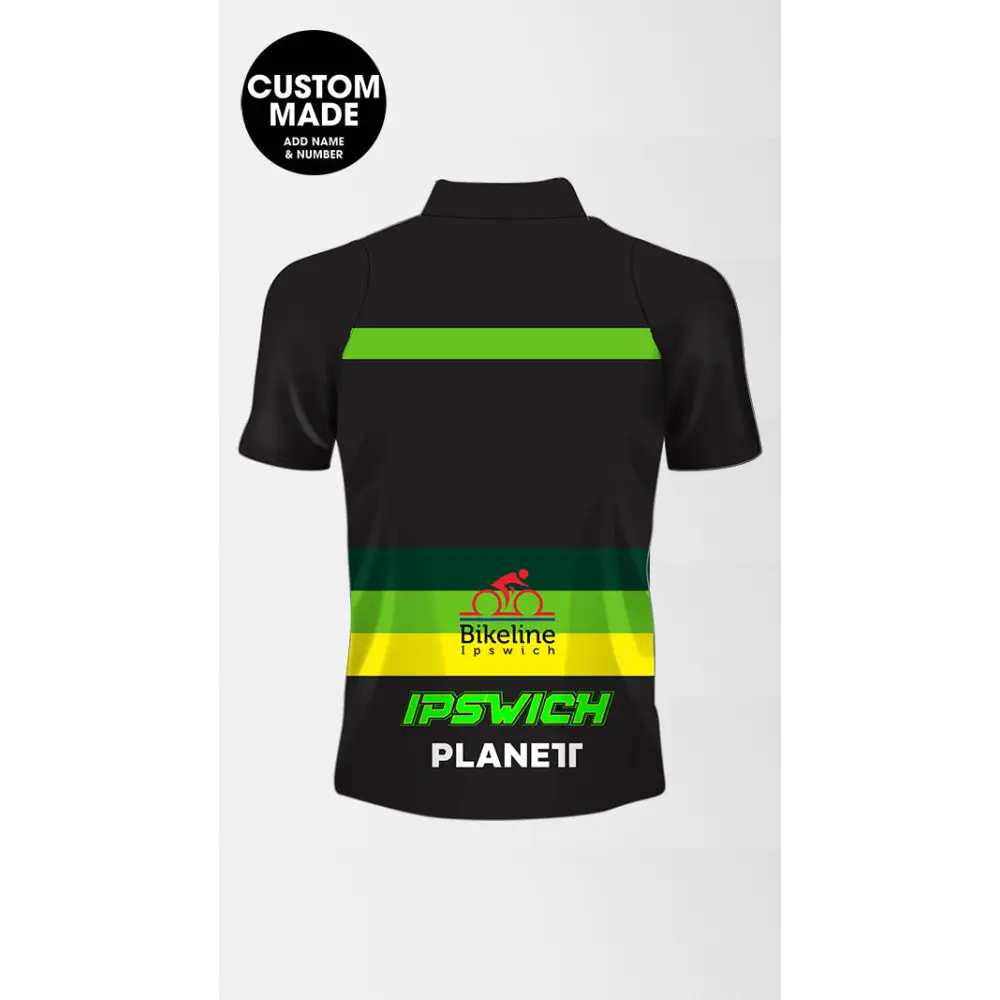 Black cycling jersey with green and yellow stripes.