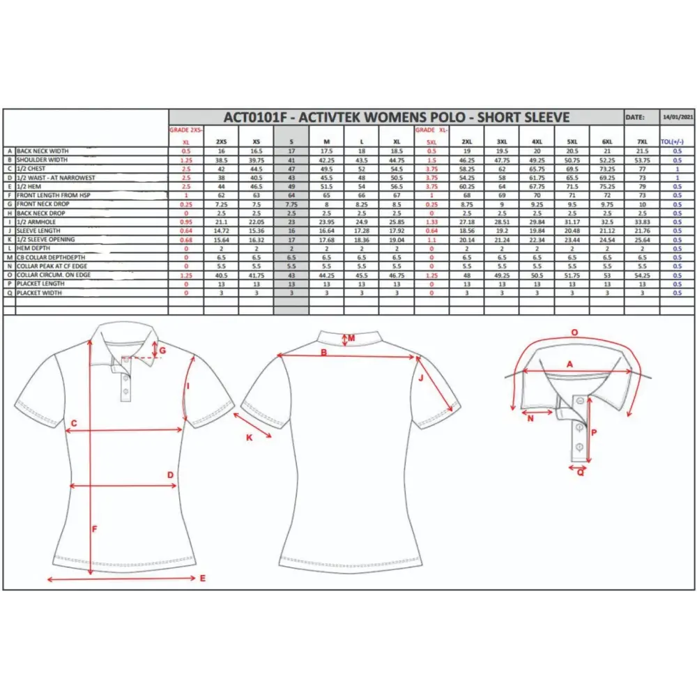 Sizing chart for a women’s polo shirt.