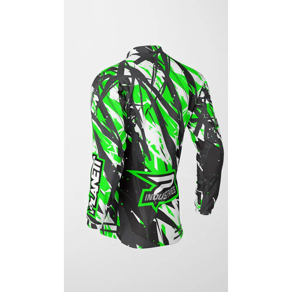 Green, black, and white long-sleeved shirt.