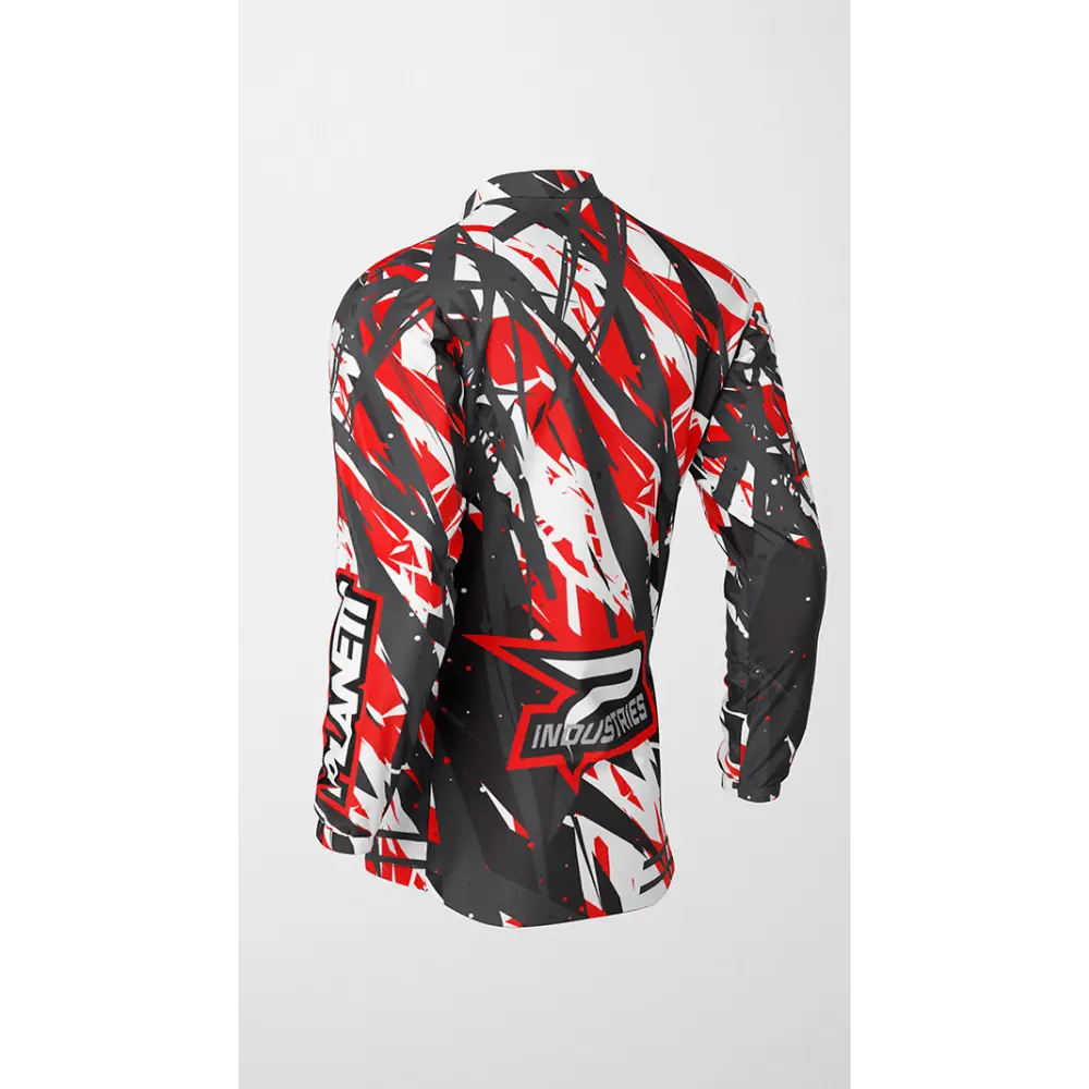 Long-sleeved red, white, and black patterned shirt.