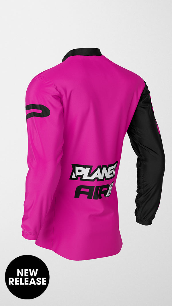Pink and black long-sleeved athletic jersey.