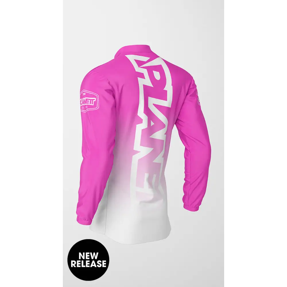 Pink and white long-sleeved shirt.