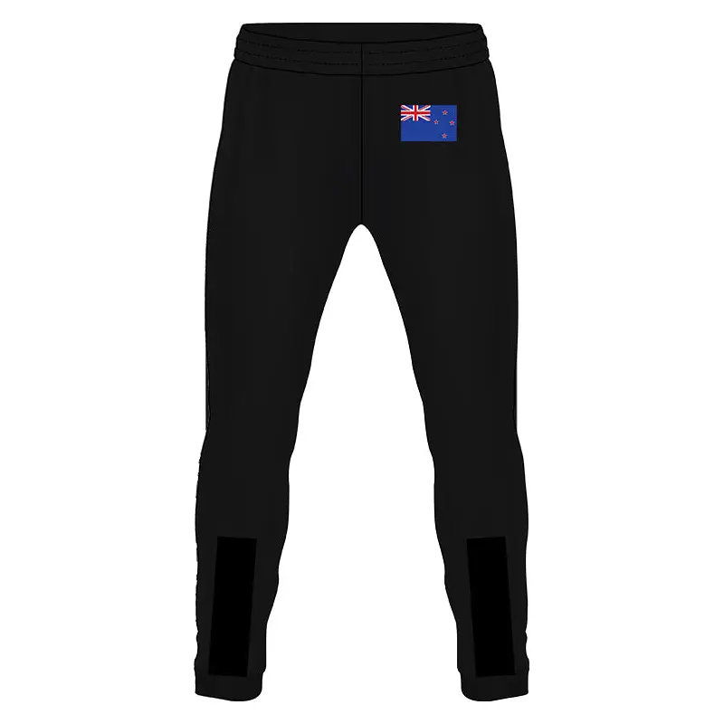 Black sweatpants with New Zealand flag.