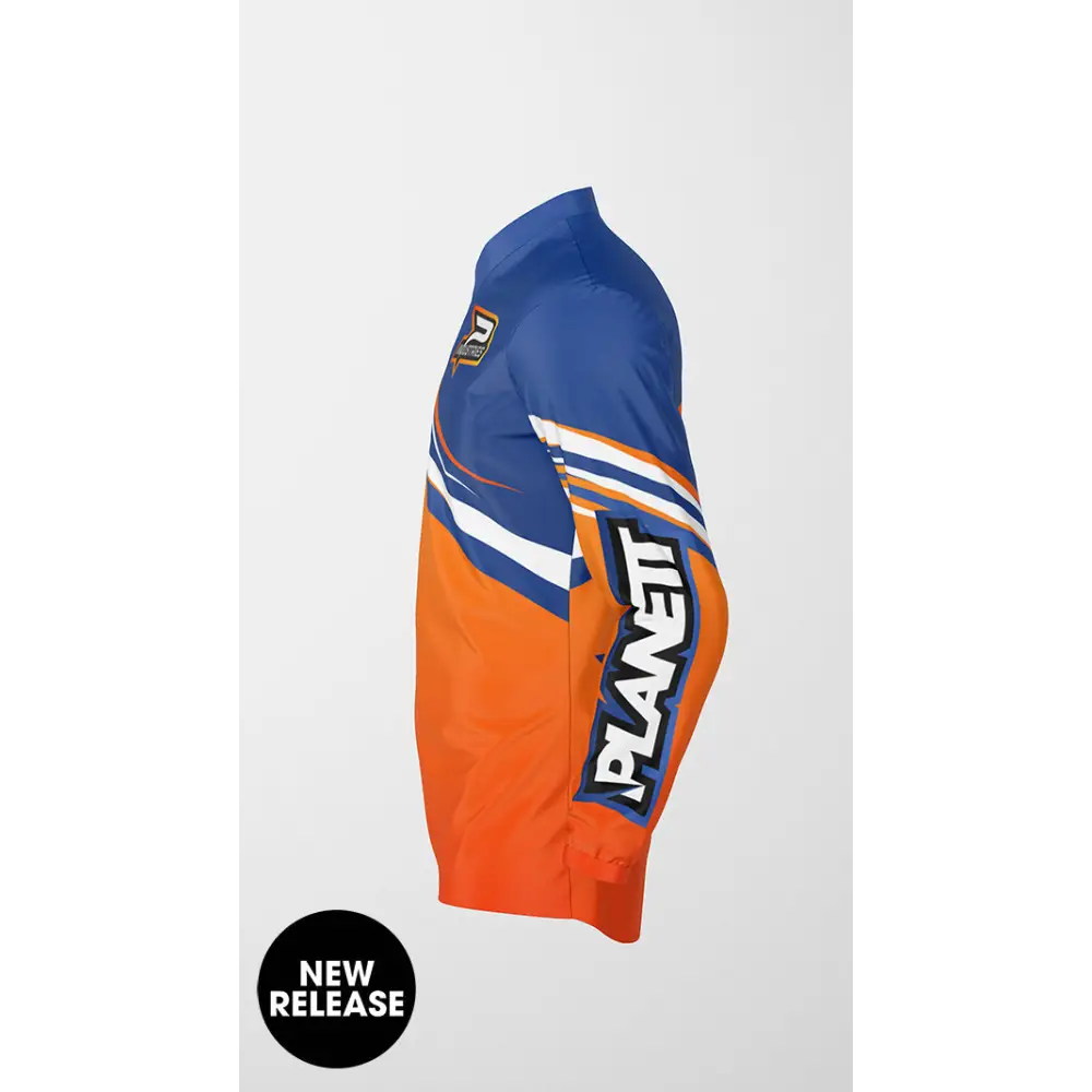Blue and orange racing jacket.