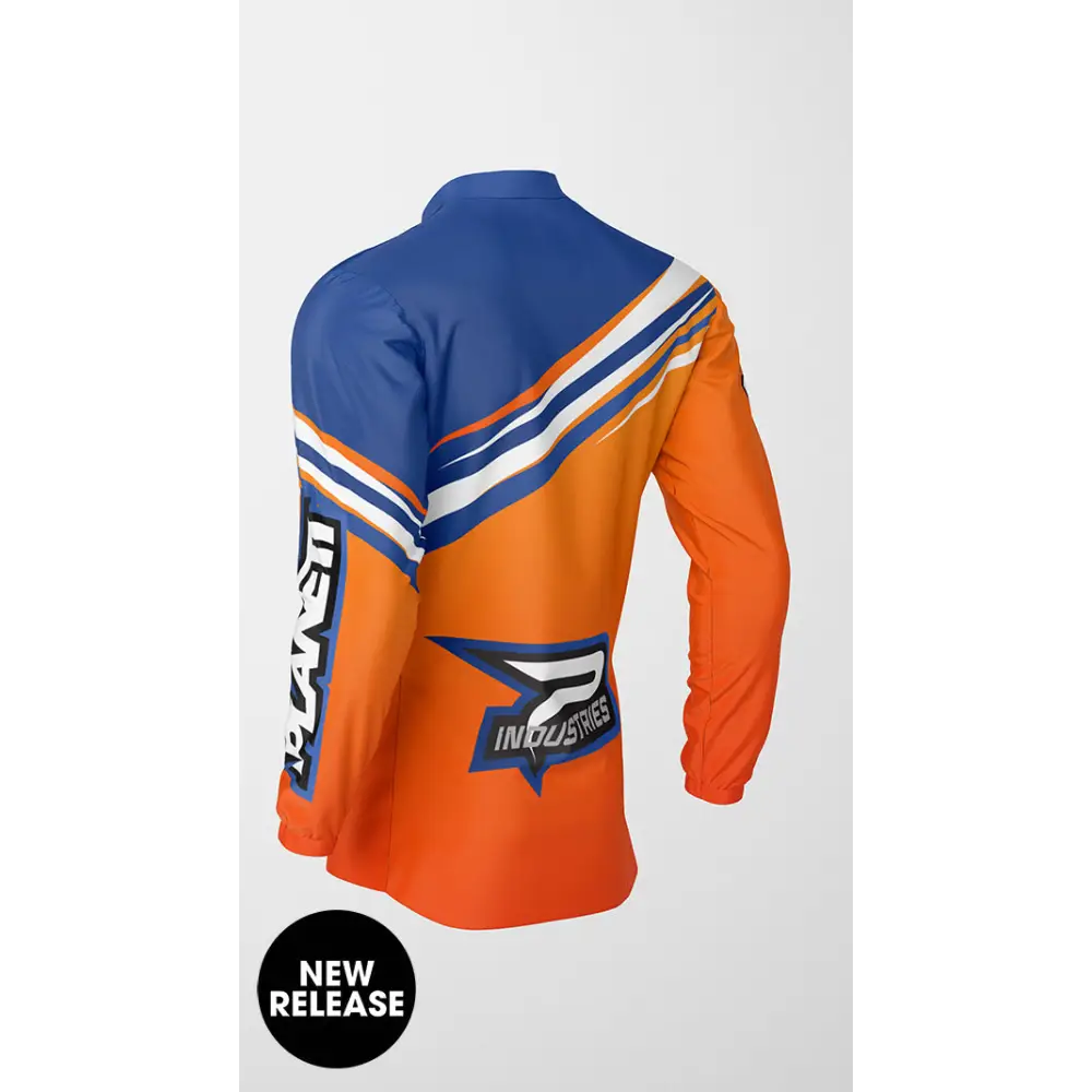 Blue and orange long-sleeved jersey.
