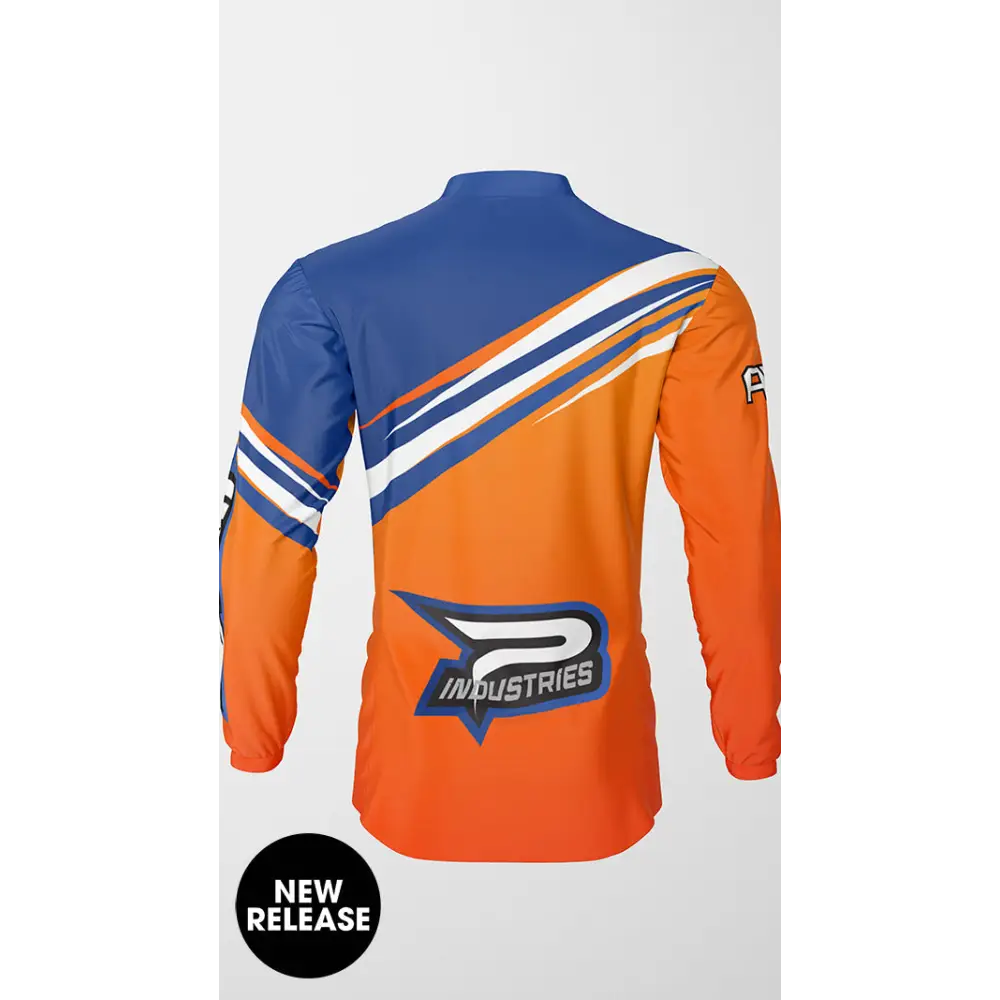 Blue and orange long-sleeved shirt.