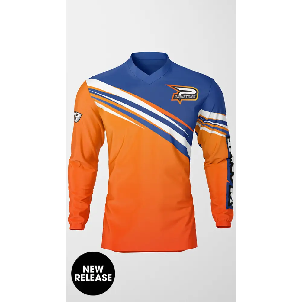 Orange and blue long-sleeved shirt.