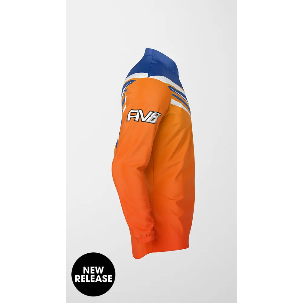 Orange and blue long-sleeved shirt.