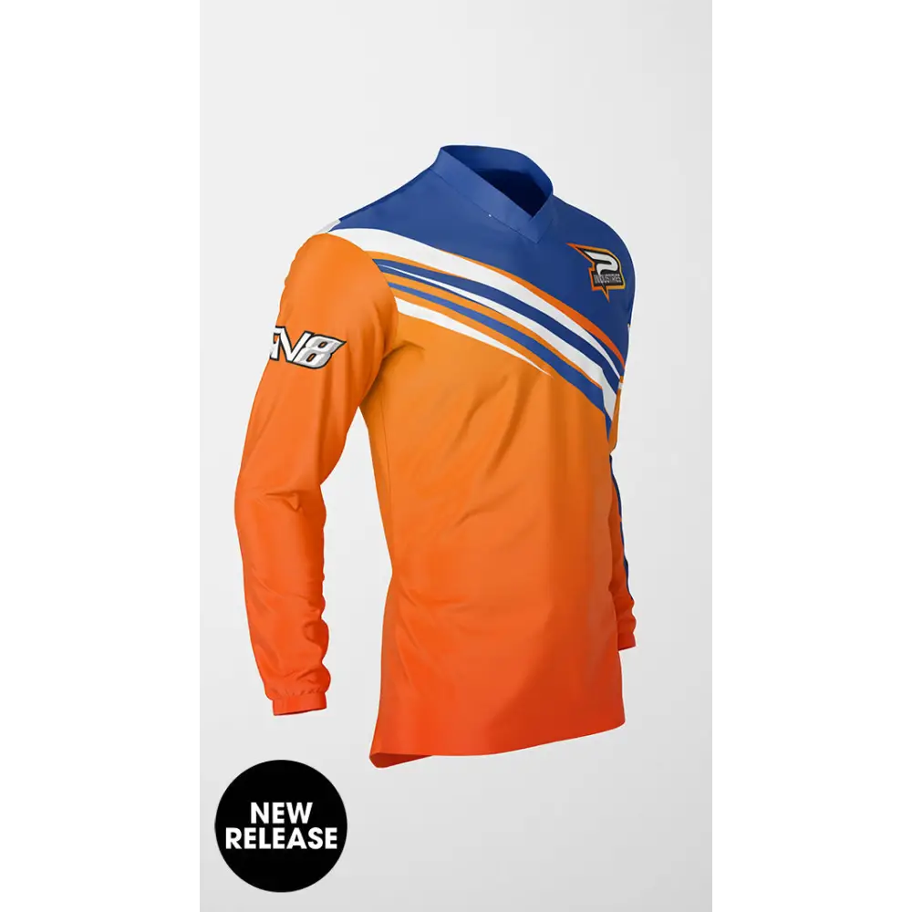Orange and blue long-sleeved shirt.