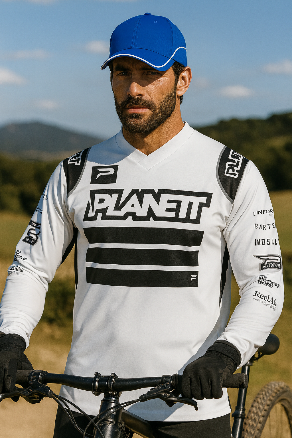 A man in a white and black long-sleeved cycling jersey with a blue baseball cap, holding a bicycle.