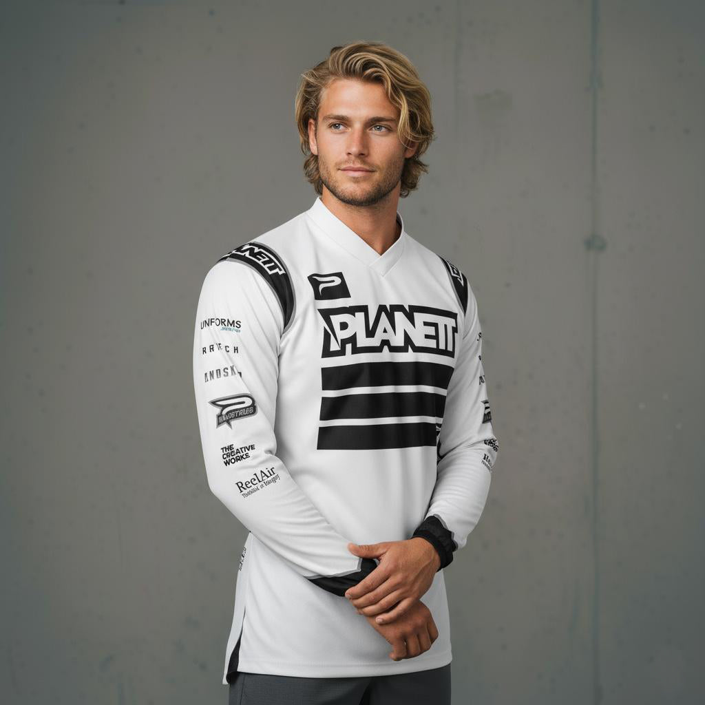 Men’s white long-sleeve athletic jersey with black accents.