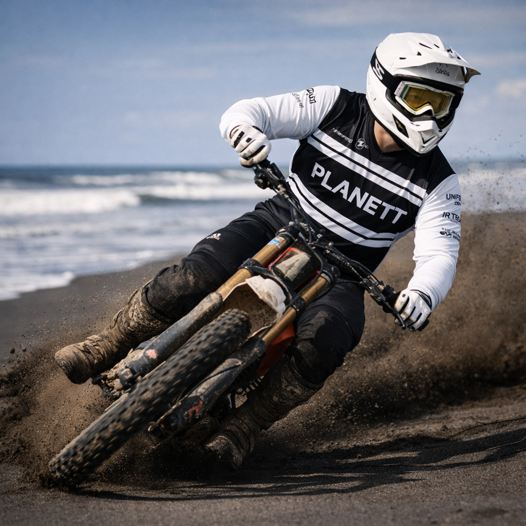 White and black motocross helmet with yellow-tinted visor.