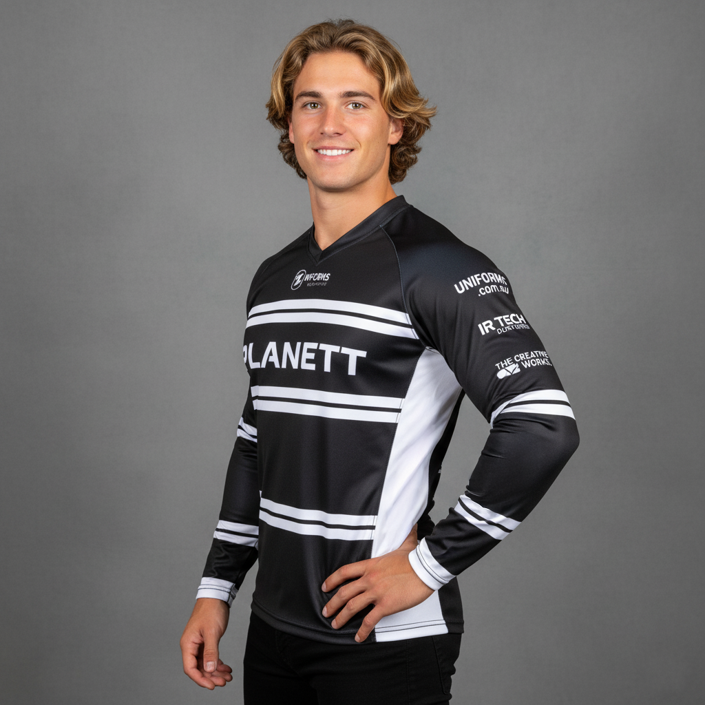 A long-sleeved black shirt with white horizontal stripes and white side panels.