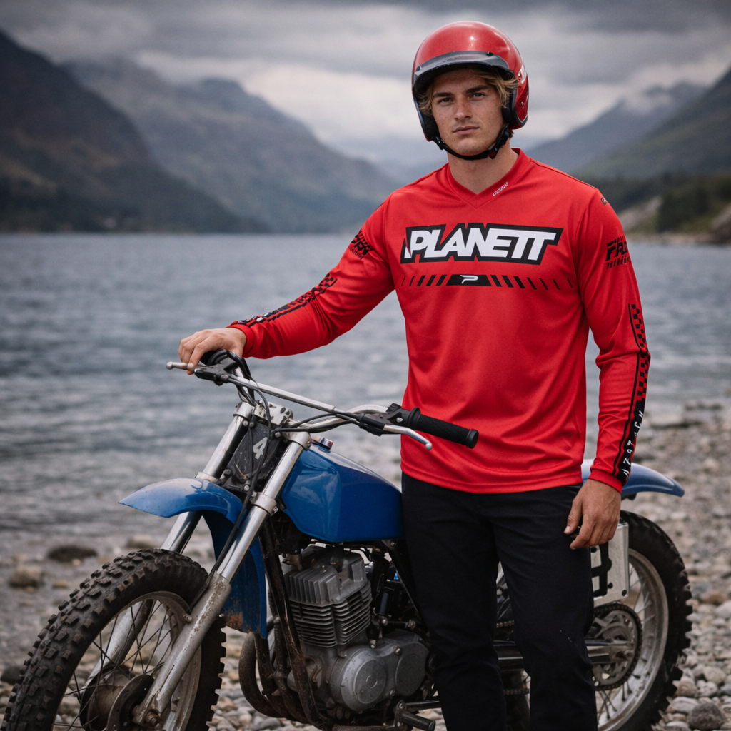Red planett long-sleeve motocross jersey with black and white branding