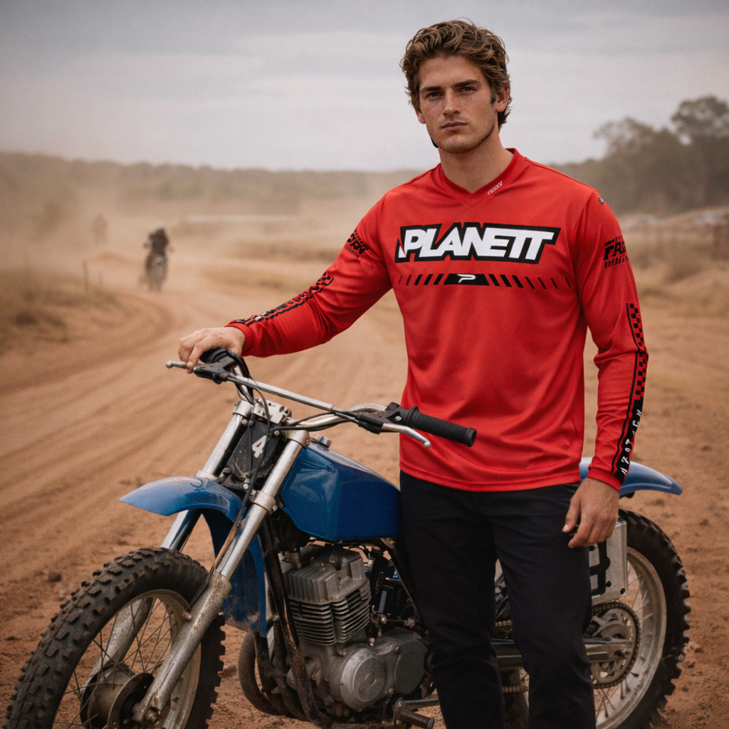 Red long-sleeved motocross jersey with black ’planett’ logo and graphics