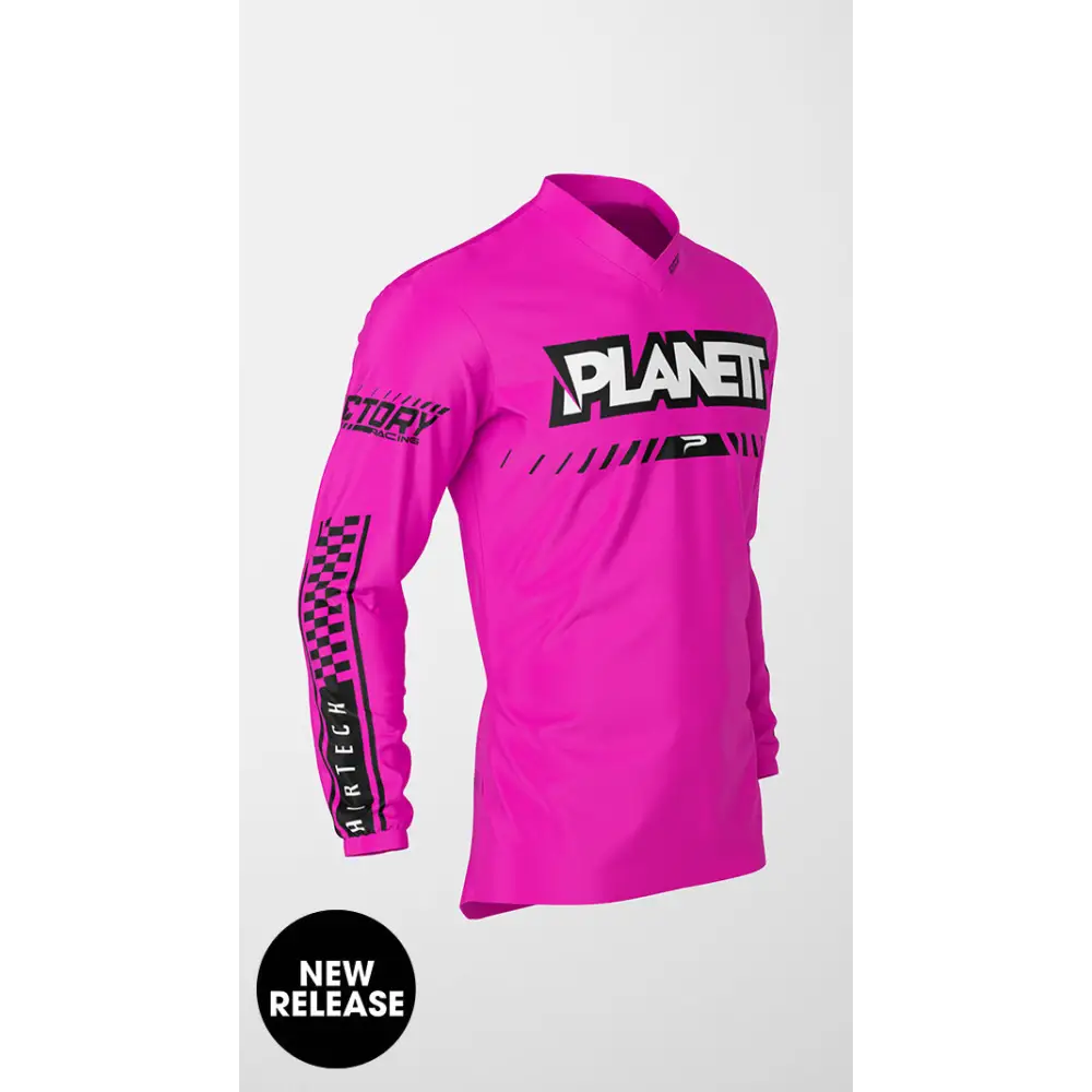 Pink long-sleeved motocross jersey.