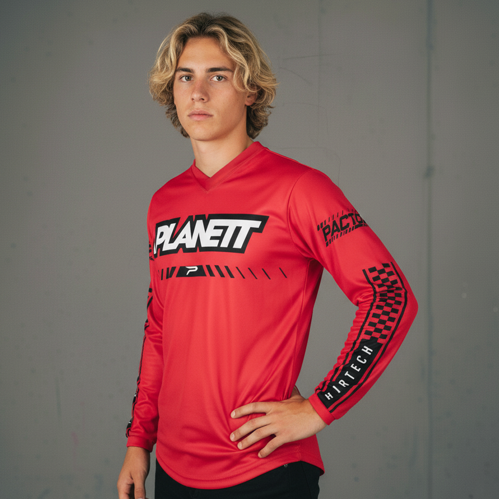 Red long-sleeved athletic shirt with black and white graphics.