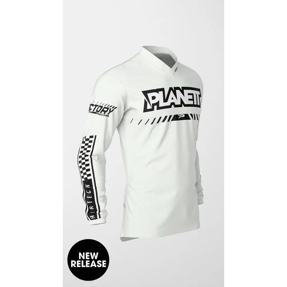 White long-sleeved motocross jersey.