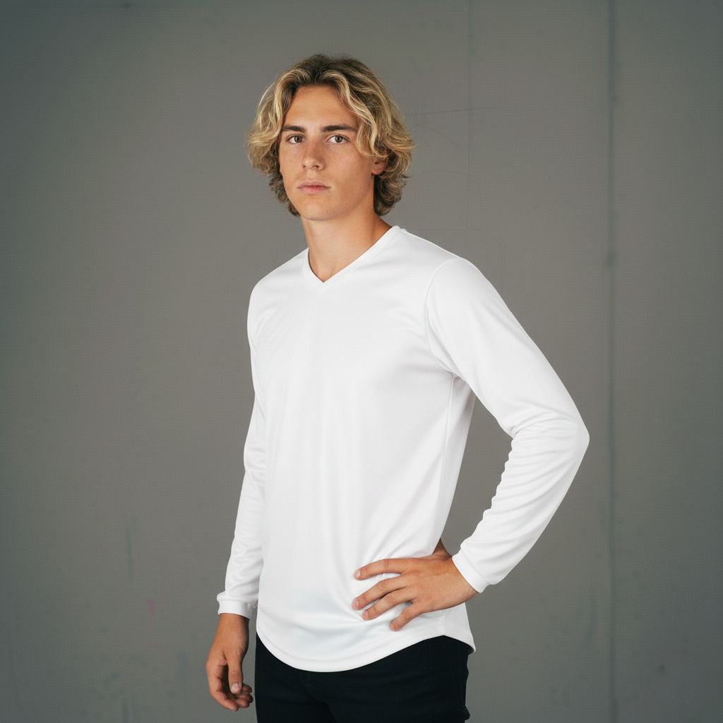 Men’s white V-neck long-sleeve shirt.