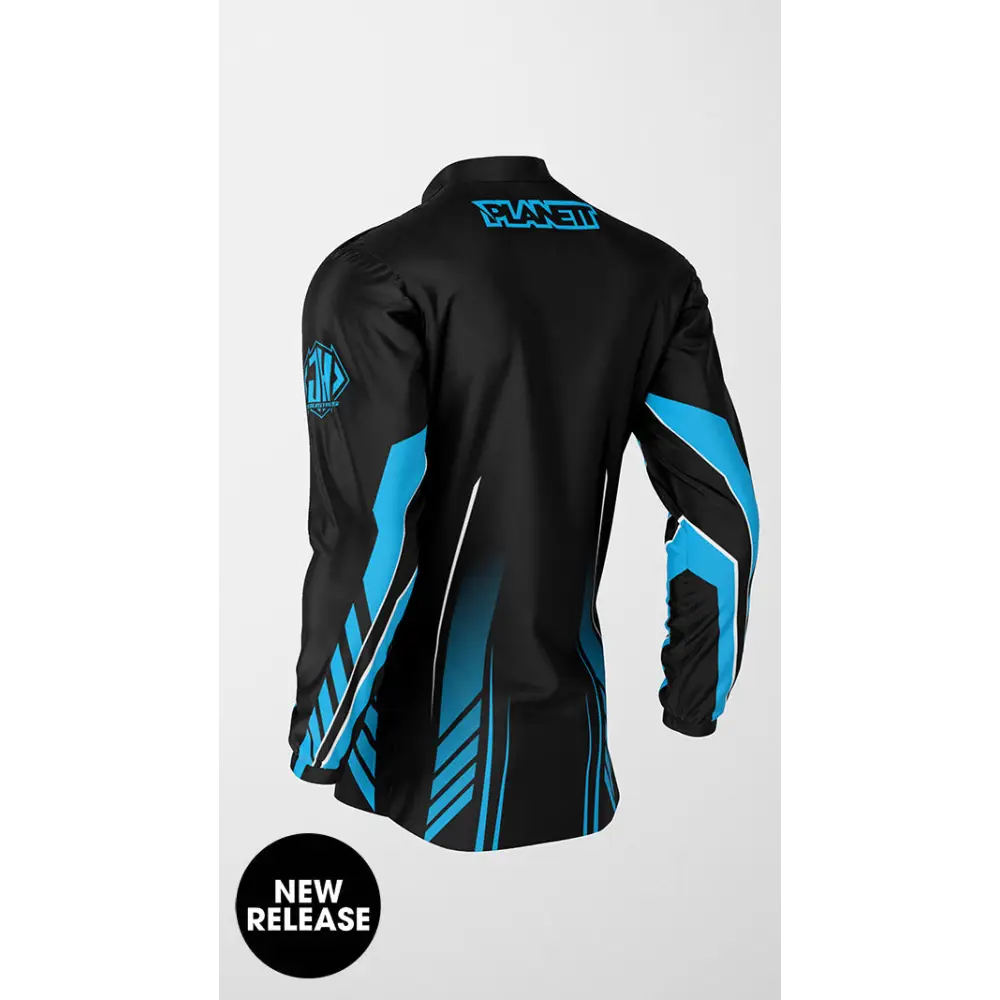 Black and blue long-sleeved shirt.