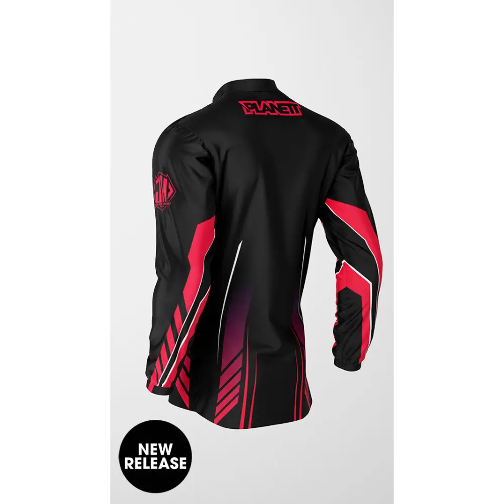 Black and red long-sleeved jersey.