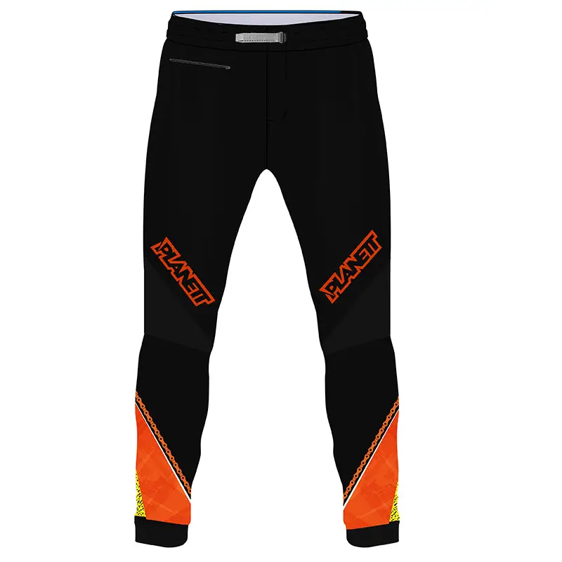Black and orange motocross pants.