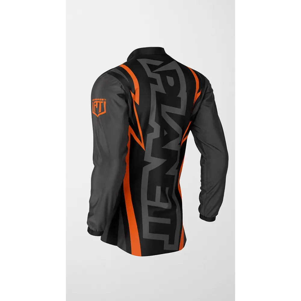 Black and gray jacket with orange accents.