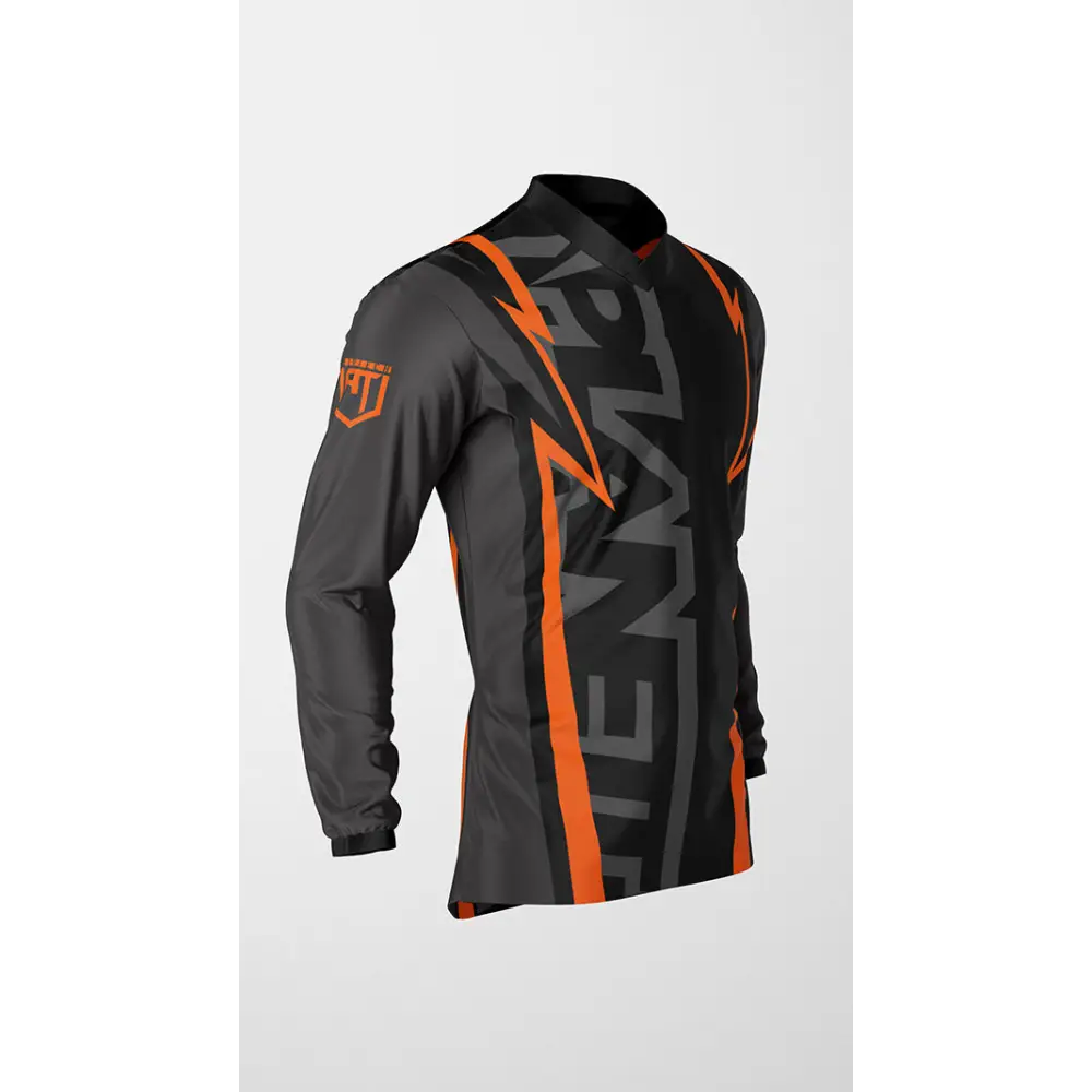 Gray and black long-sleeved shirt with orange accents.