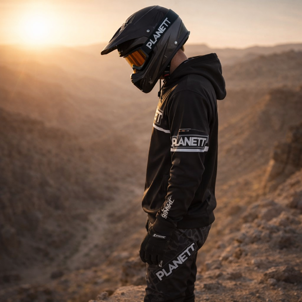 Black planett motocross helmet with orange-tinted visor and white branding.