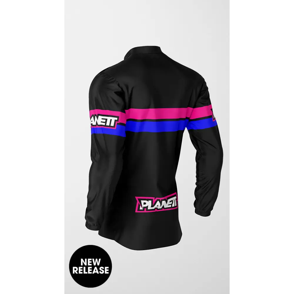Black long-sleeved jacket with pink and blue stripes.